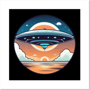 UFO flying saucer vintage over sea sunset Posters and Art